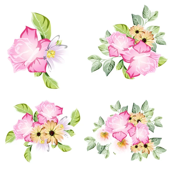 Flores Folhas Rosa Conjunto Elementos Design Floral — Vetor de Stock