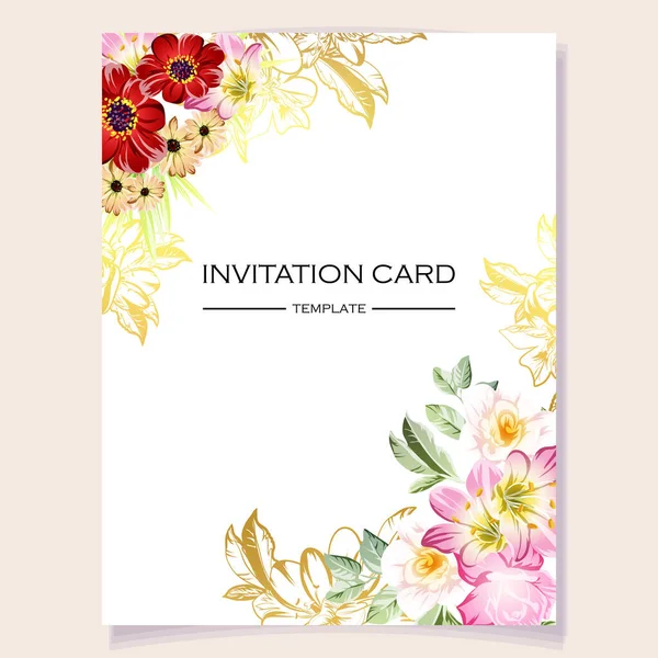 Einladungskartenvorlage Mit Bunten Und Goldenen Blumen Den Ecken — Stockvektor