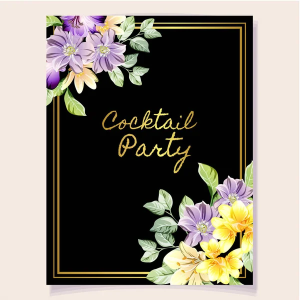 Cocktail Party Invitation Card Template Golden Elements Flowers Leaves — Stock Vector