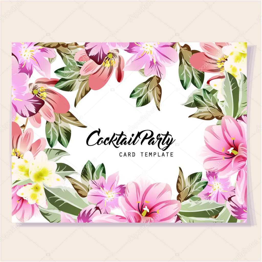 cocktail party invitation card template, golden elements and flowers with leaves
