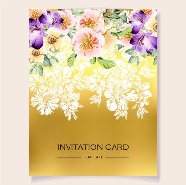 davetiye kartı şablonu, yapraklı altın elementler ve çiçekler
