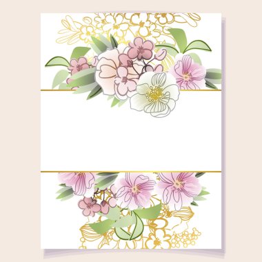 Beyaz arkaplanda güzel yemyeşil pastel çiçekleri olan davetiye kartı şablonu