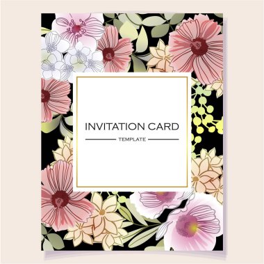 Siyah arkaplanda güzel yemyeşil pastel çiçekleri olan davetiye kartı şablonu