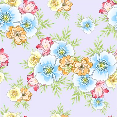 Mor arka planda güzel, yemyeşil pastel çiçekler 