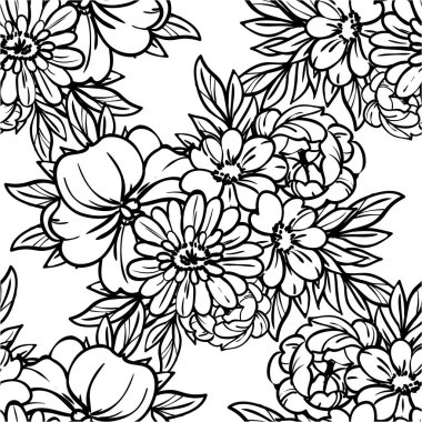 Beyaz arkaplanda çizim tarzında güzel, gür renksiz çiçekler. 