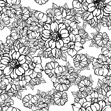 Beyaz arkaplanda çizim tarzında güzel, gür renksiz çiçekler. 