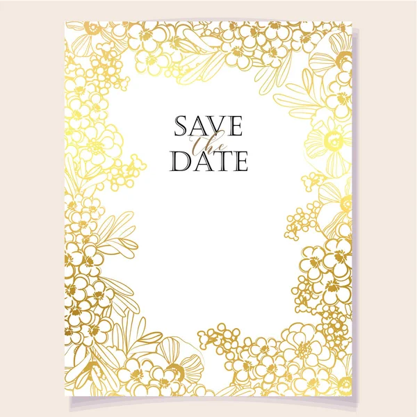 Πρόσκληση Πρότυπο Κάρτα Όμορφα Πλούσια Χρυσά Λουλούδια Λευκό Φόντο — Διανυσματικό Αρχείο