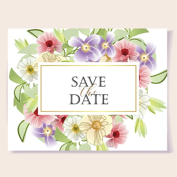 Invitation Kort Skabelon Med Smukke Frodige Pastel Blomster Hvid Baggrund – Stock-vektor