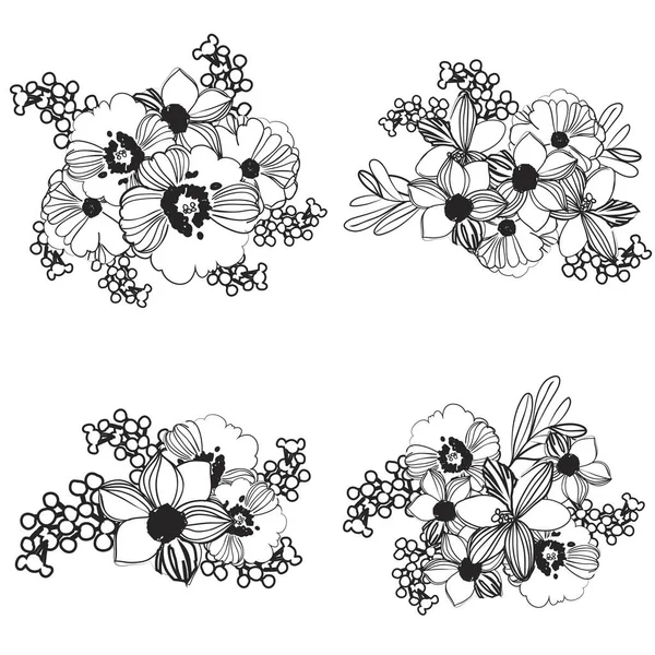 Set Van Mooie Weelderige Kleurloze Bloemen Witte Achtergrond Schetsen Stijl — Stockvector