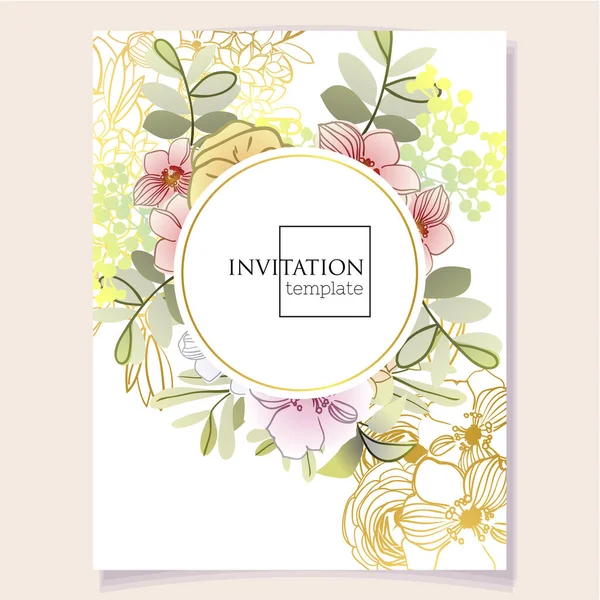 Invitation Card Template Beautiful Lush Pastel Flowers White Background — Stock Vector