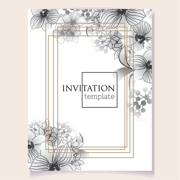 Modèle Carte Invitation Avec Belles Fleurs Grises Luxuriantes Sur Fond — Image vectorielle