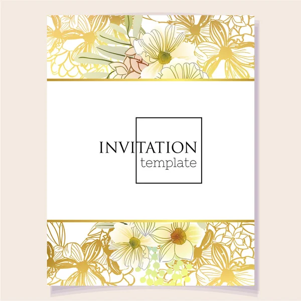 Pozvánka Karta Šablona Krásnými Svěží Zlaté Květy Bílém Pozadí — Stockový vektor