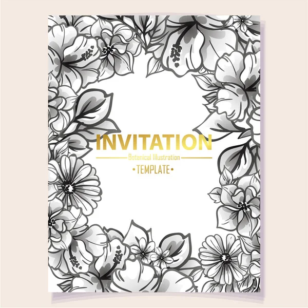 Einladungskarte Vorlage Mit Schönen Üppigen Grauen Blumen Auf Weißem Hintergrund — Stockvektor