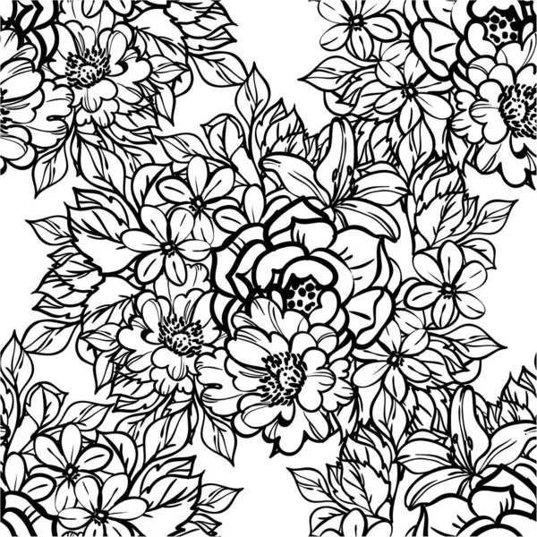 Belles Fleurs Incolores Luxuriantes Sur Fond Blanc Dans Style Croquis — Image vectorielle