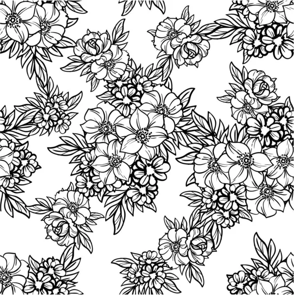 Piękne Bujne Bezbarwne Kwiaty Białym Tle Stylu Szkicowania — Wektor stockowy