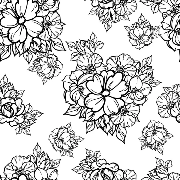 Hermosas Flores Exuberantes Incoloras Sobre Fondo Blanco Estilo Boceto — Vector de stock