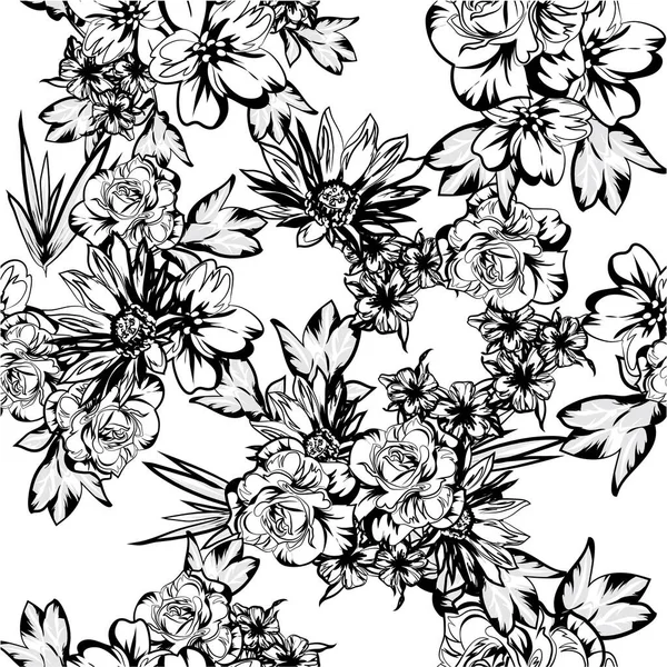 Schöne Üppige Farblose Blumen Auf Weißem Hintergrund Skizzenstil — Stockvektor