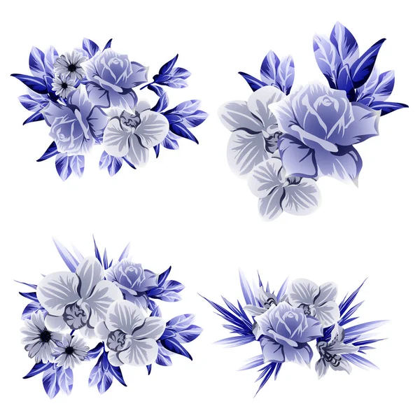 Ensemble Belles Fleurs Pastel Bleu Sur Fond Blanc — Image vectorielle