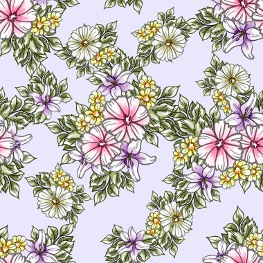  Mor arka planda güzel, yemyeşil pastel çiçekler 