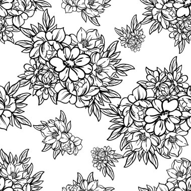 Beyaz arkaplanda çizim tarzında güzel, gür renksiz çiçekler. 