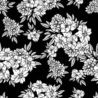 güzel, yemyeşil, renksiz çiçekler siyah arkaplanda çizim tarzında. 