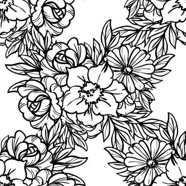 Beyaz arkaplanda çizim tarzında güzel, gür renksiz çiçekler. 