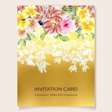 Altın arka planda güzel yemyeşil pastel çiçekleri olan davetiye kartı şablonu