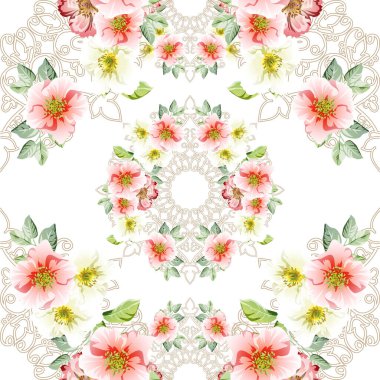 Güzel, yemyeşil pastel çiçekler ve mandala tarzı süsler. 