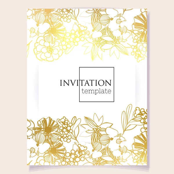白い背景に美しい緑豊かな黄金の花を持つ招待状のカードテンプレート — ストックベクタ