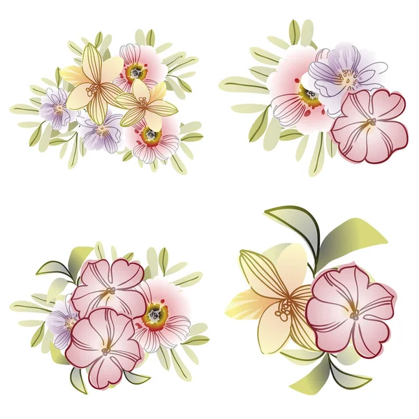 Set Beautiful Lush Pastel Flowers White Background — Stock Vector