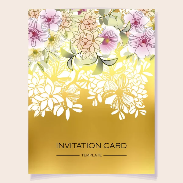 Inbjudan Kort Mall Med Vackra Frodiga Pastell Blommor Gyllene Bakgrund — Stock vektor