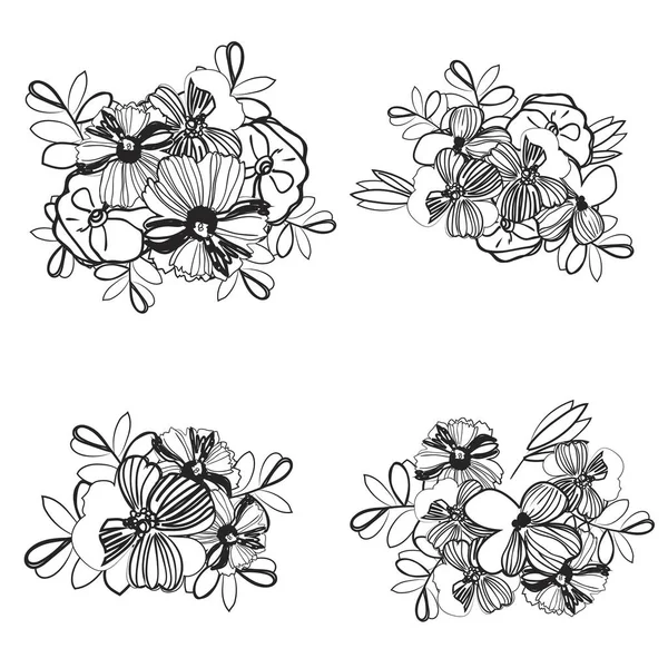 Set Beautiful Lush Colorless Flowers White Background Sketching Style — Stock Vector