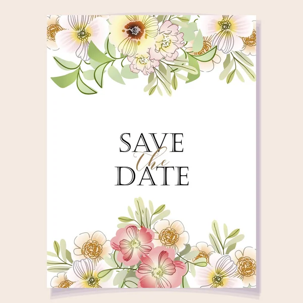 Modèle Carte Invitation Avec Belles Fleurs Pastel Luxuriantes Sur Fond — Image vectorielle