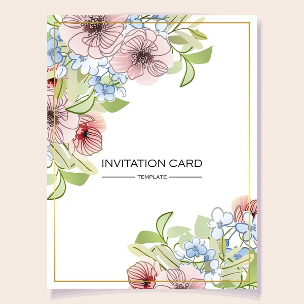 Πρόσκληση Πρότυπο Κάρτα Όμορφο Πλούσιο Παστέλ Λουλούδια Λευκό Φόντο — Διανυσματικό Αρχείο