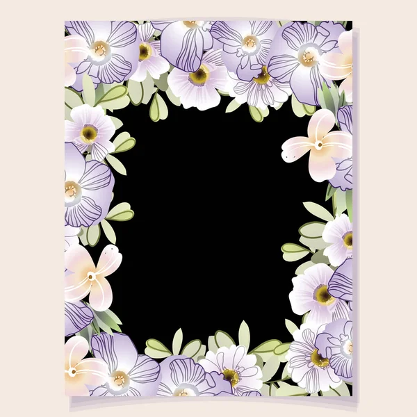 Beau Cadre Avec Des Fleurs Couleur Luxuriante Sur Fond Noir — Image vectorielle