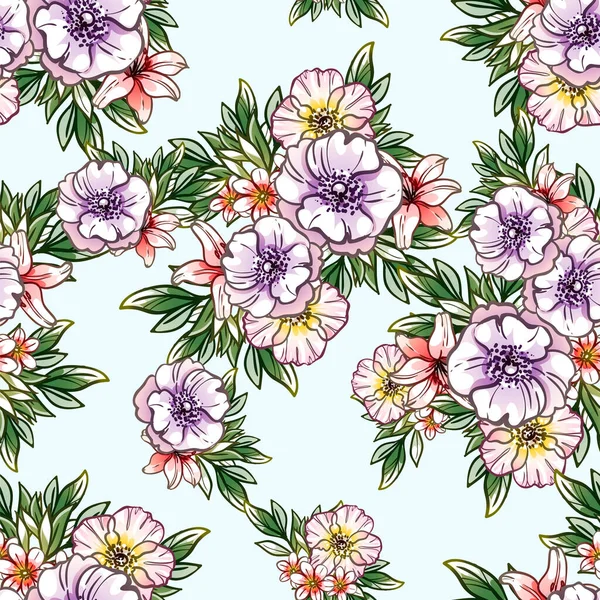 Schöne Üppige Pastell Blumen Auf Türkisfarbenem Hintergrund — Stockvektor