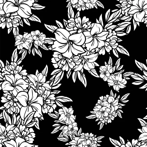 Hermosas Flores Exuberantes Incoloras Sobre Fondo Negro Estilo Boceto — Vector de stock