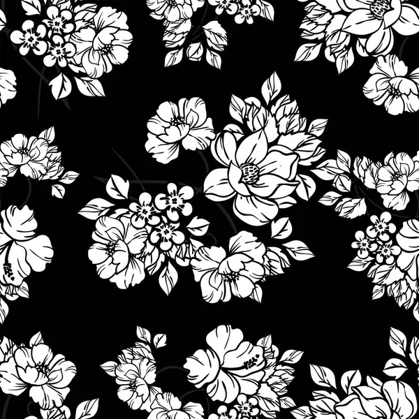 Όμορφα Πλούσια Άχρωμα Λουλούδια Μαύρο Φόντο Ένα Στυλ Σκίτσο — Διανυσματικό Αρχείο