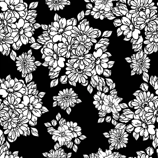 Hermosas Flores Exuberantes Incoloras Sobre Fondo Negro Estilo Boceto — Vector de stock