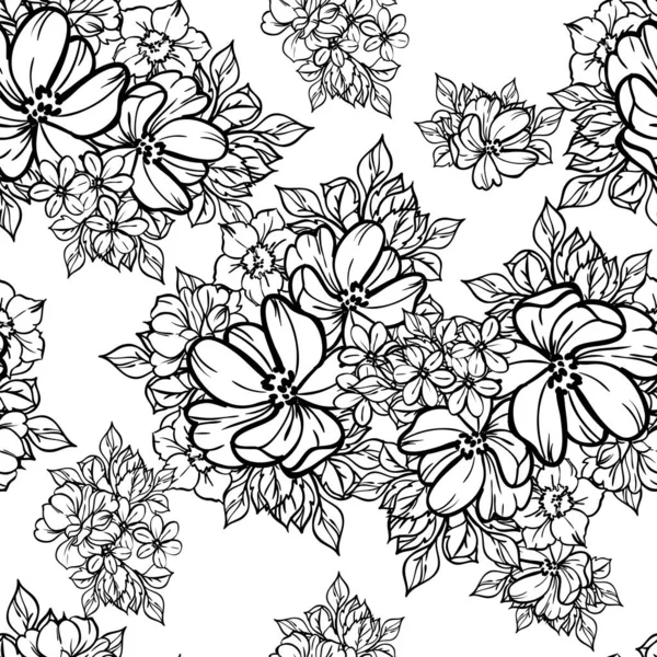 Beyaz Arkaplanda Çizim Tarzında Güzel Gür Renksiz Çiçekler — Stok Vektör