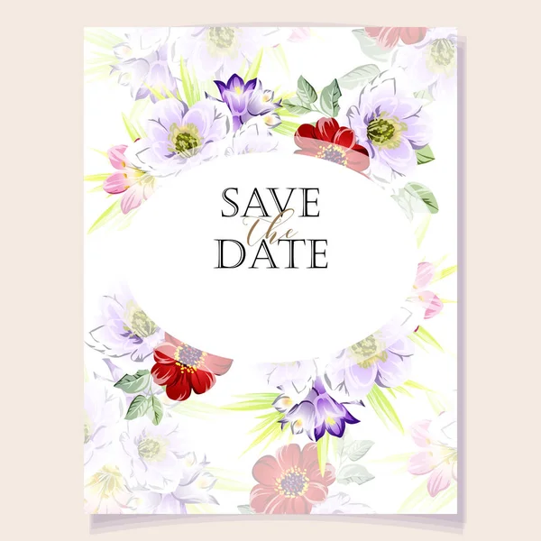 Modelo Cartão Convite Com Belas Flores Exuberantes Pastel Fundo Branco —  Vetores de Stock