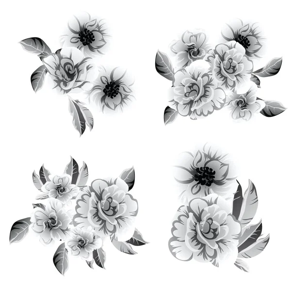 Σετ Όμορφων Γκρίζων Λουλουδιών Λευκό Φόντο — Διανυσματικό Αρχείο