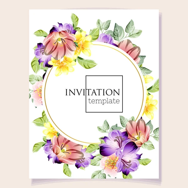 Plantilla Tarjeta Invitación Con Hermosas Flores Pastel Exuberantes Sobre Fondo — Archivo Imágenes Vectoriales