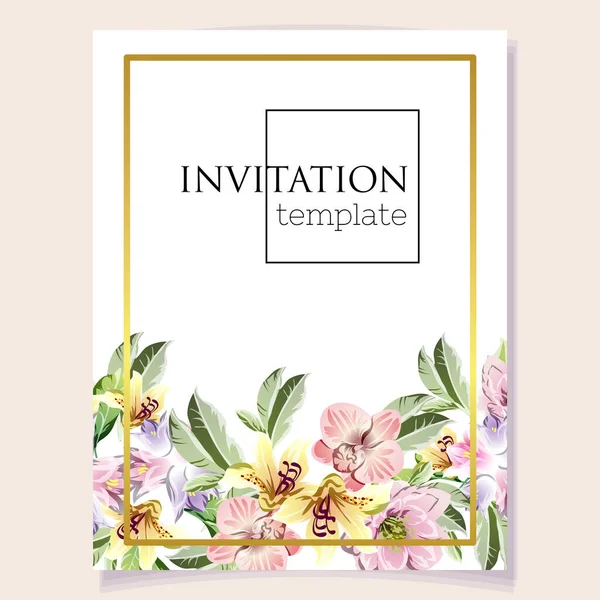 Plantilla Tarjeta Invitación Con Hermosas Flores Pastel Exuberantes Sobre Fondo — Archivo Imágenes Vectoriales