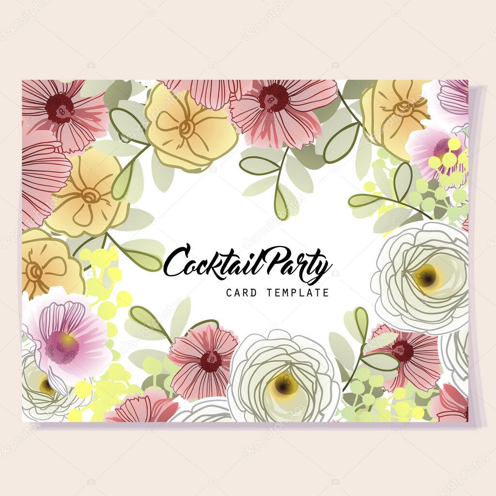 invitation card template with beautiful lush pastel flowers on white background
