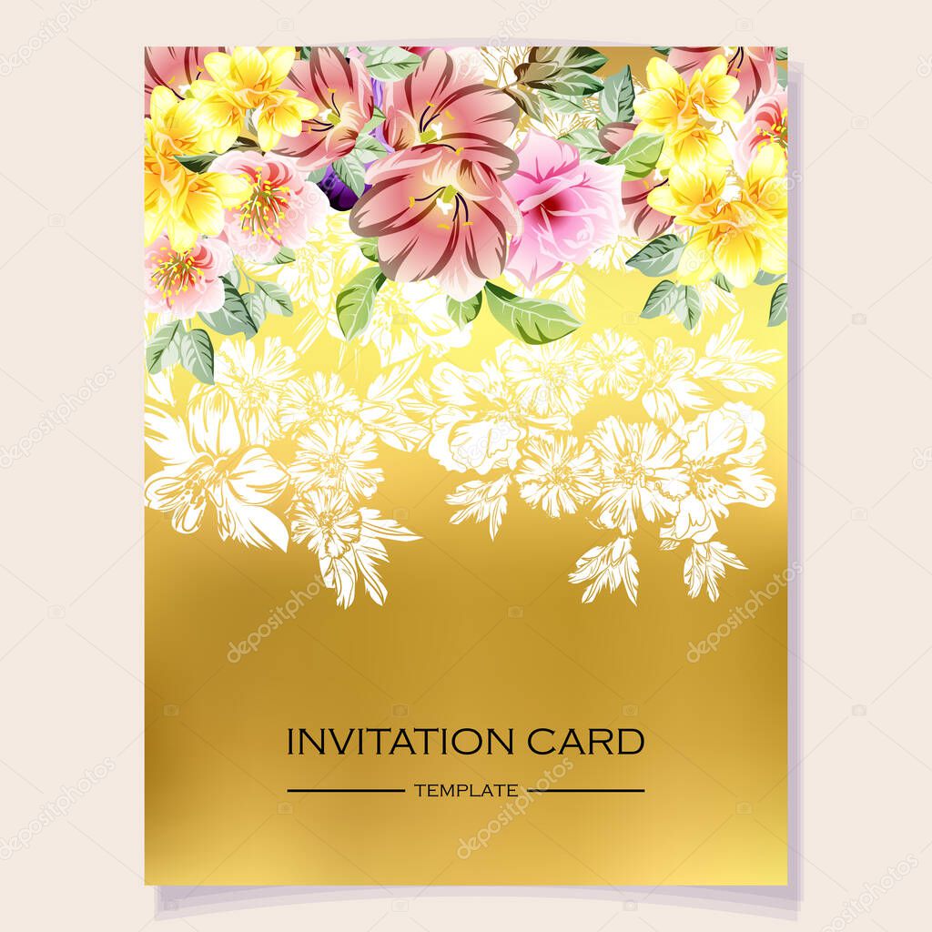 invitation card template with beautiful lush pastel flowers on golden background