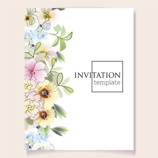 Modèle Carte Invitation Avec Belles Fleurs Pastel Luxuriantes — Image vectorielle
