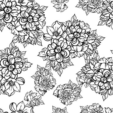 Çiçekli siyah ve beyaz soyut, pürüzsüz vektör deseni