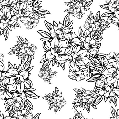 Çiçekli siyah ve beyaz soyut, pürüzsüz vektör deseni