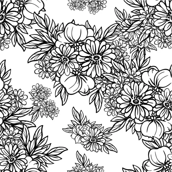 Czarny Biały Abstrakcyjny Bezszwowy Wzór Wektora Kwiatami — Wektor stockowy